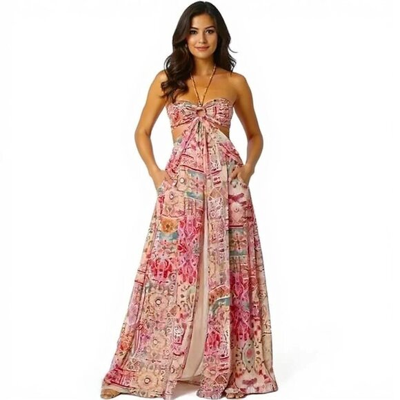 Misa Los Angeles Dresses & Skirts - Misa Los Angeles Lorenzo Halter Jumpsuit Tile Print L NWT